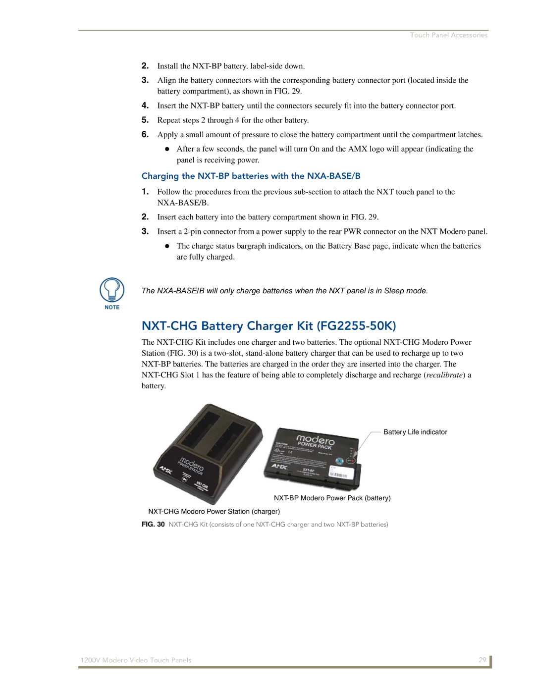 AMX NXT-1200V manual NXT-CHG Battery Charger Kit FG2255-50K, Charging the NXT-BP batteries with the NXA-BASE/B 