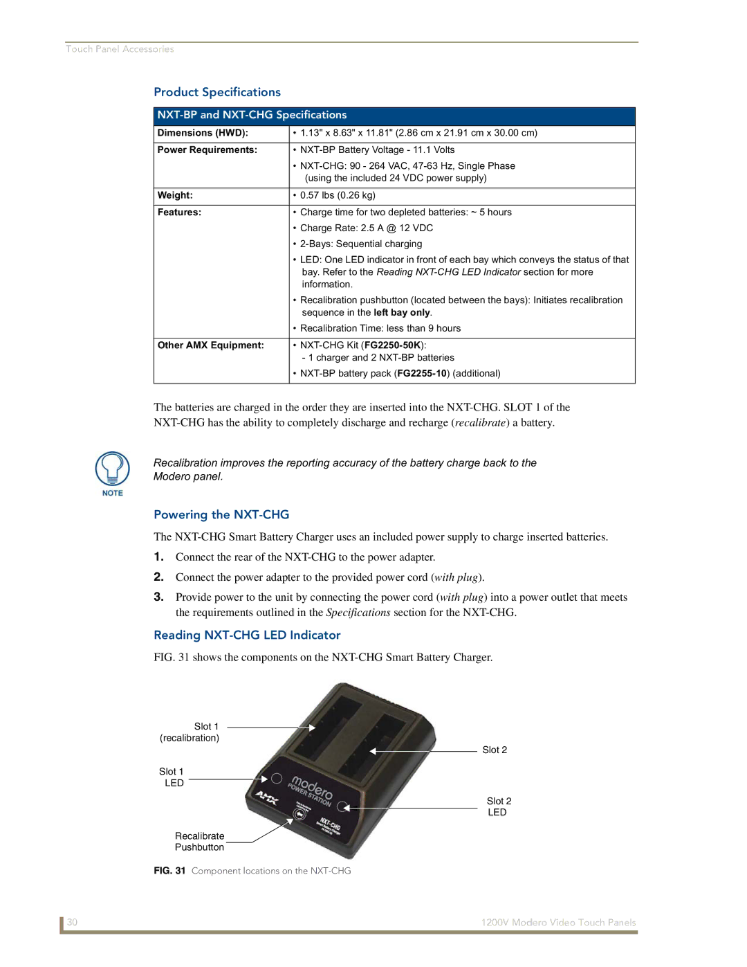 AMX NXT-1200V manual Powering the NXT-CHG, Reading NXT-CHG LED Indicator, NXT-BP and NXT-CHG Specifications 