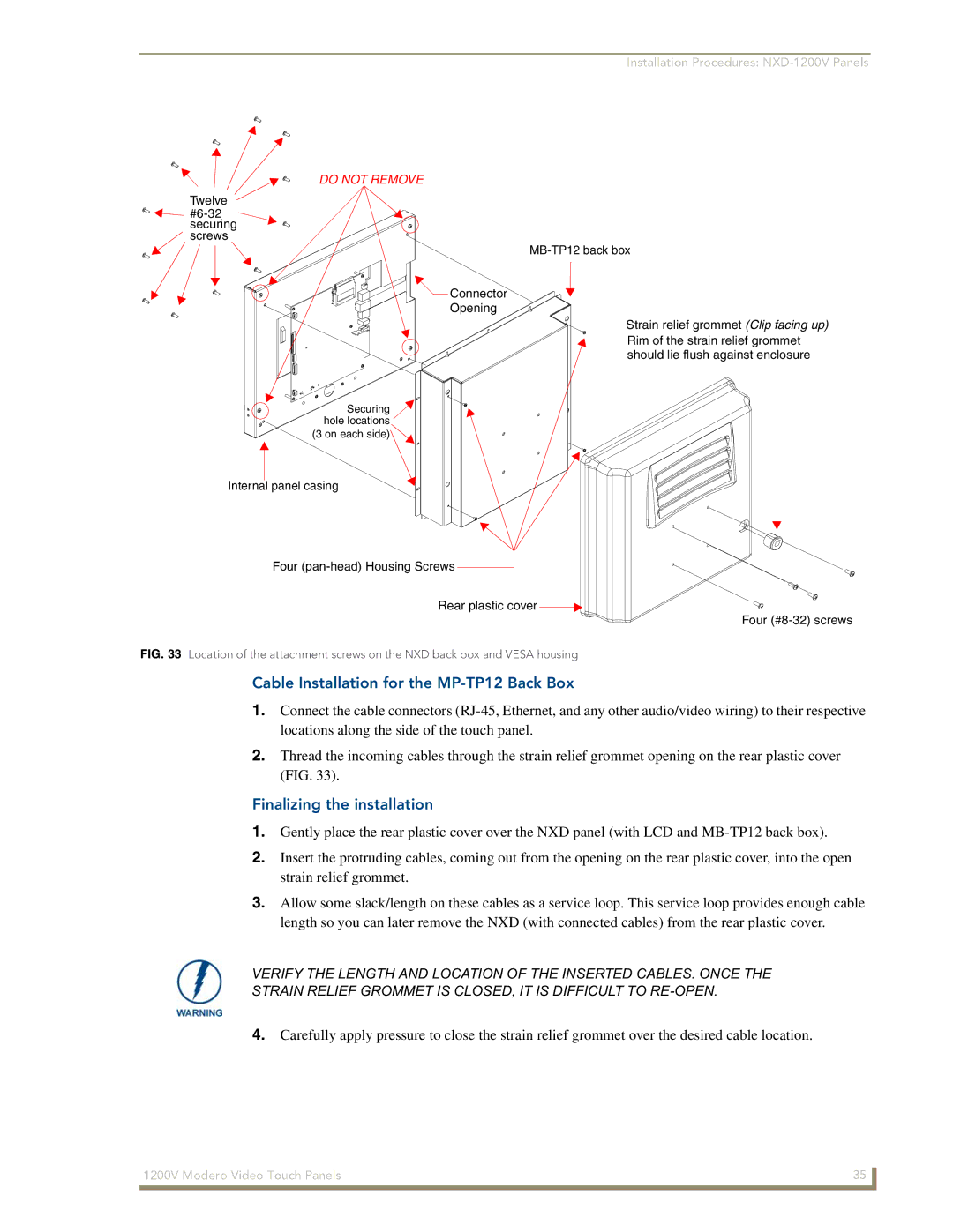 AMX NXT-1200V manual Cable Installation for the MP-TP12 Back Box, Finalizing the installation 