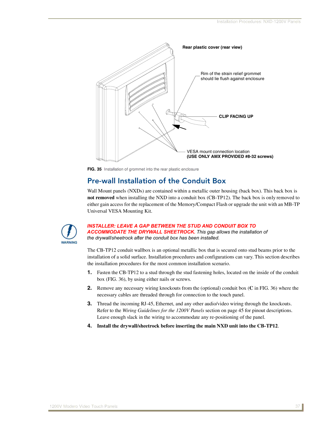 AMX NXT-1200V manual Pre-wall Installation of the Conduit Box, Rear plastic cover rear view, Clip Facing UP 