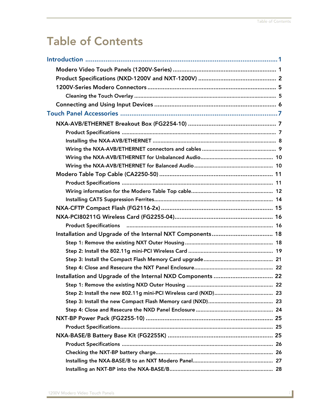 AMX NXT-1200V manual Table of Contents 