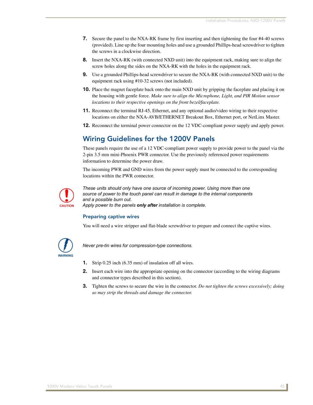 AMX NXT-1200V manual Wiring Guidelines for the 1200V Panels, Preparing captive wires 