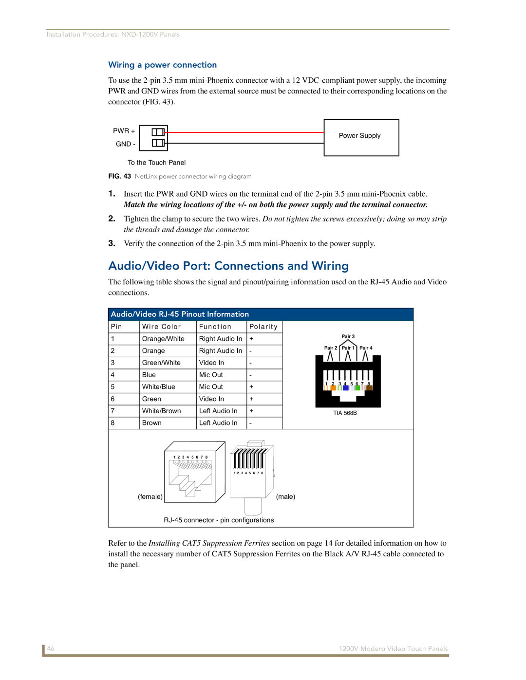 AMX NXT-1200V Audio/Video Port Connections and Wiring, Wiring a power connection, Audio/Video RJ-45 Pinout Information 