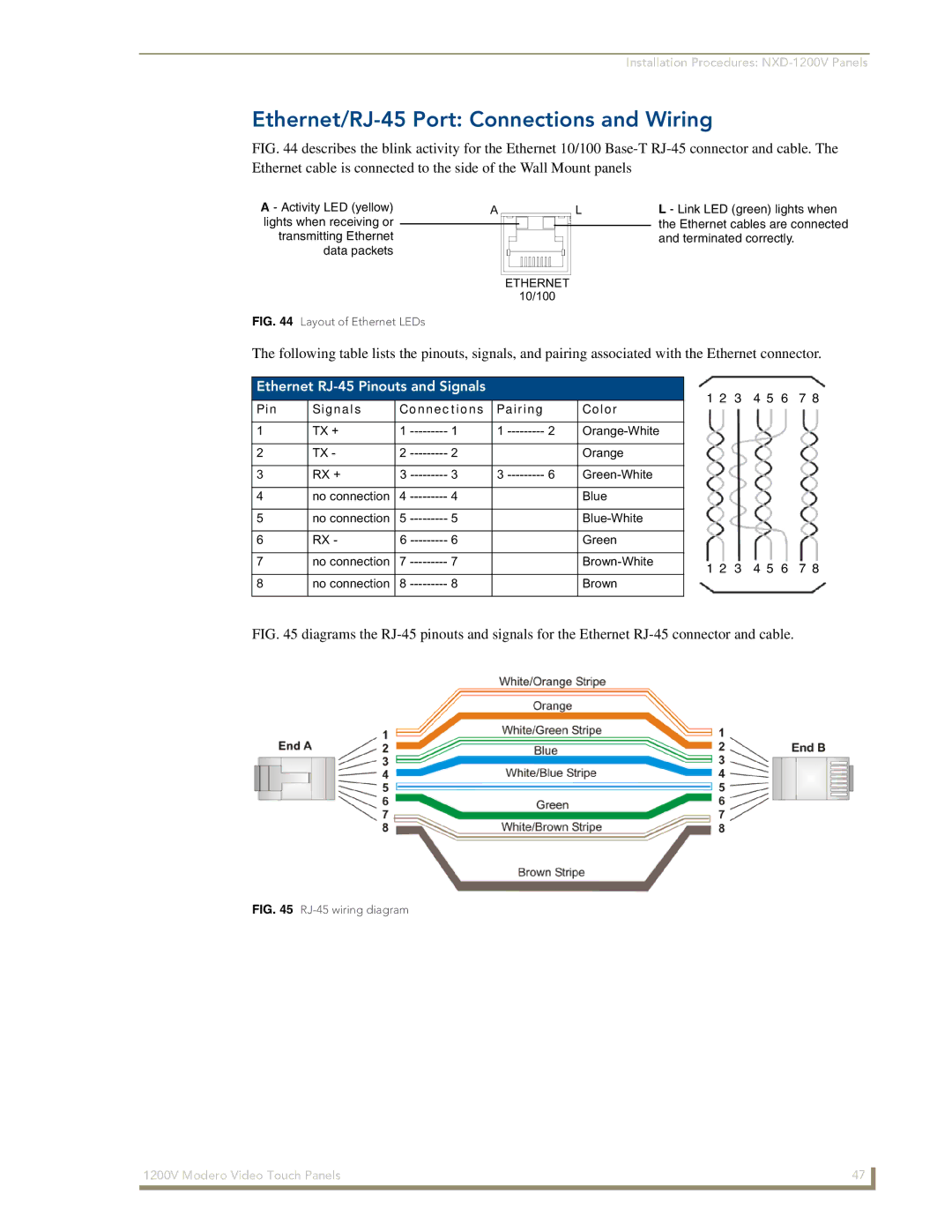 AMX NXT-1200V manual Ethernet/RJ-45 Port Connections and Wiring, Ethernet RJ-45 Pinouts and Signals 