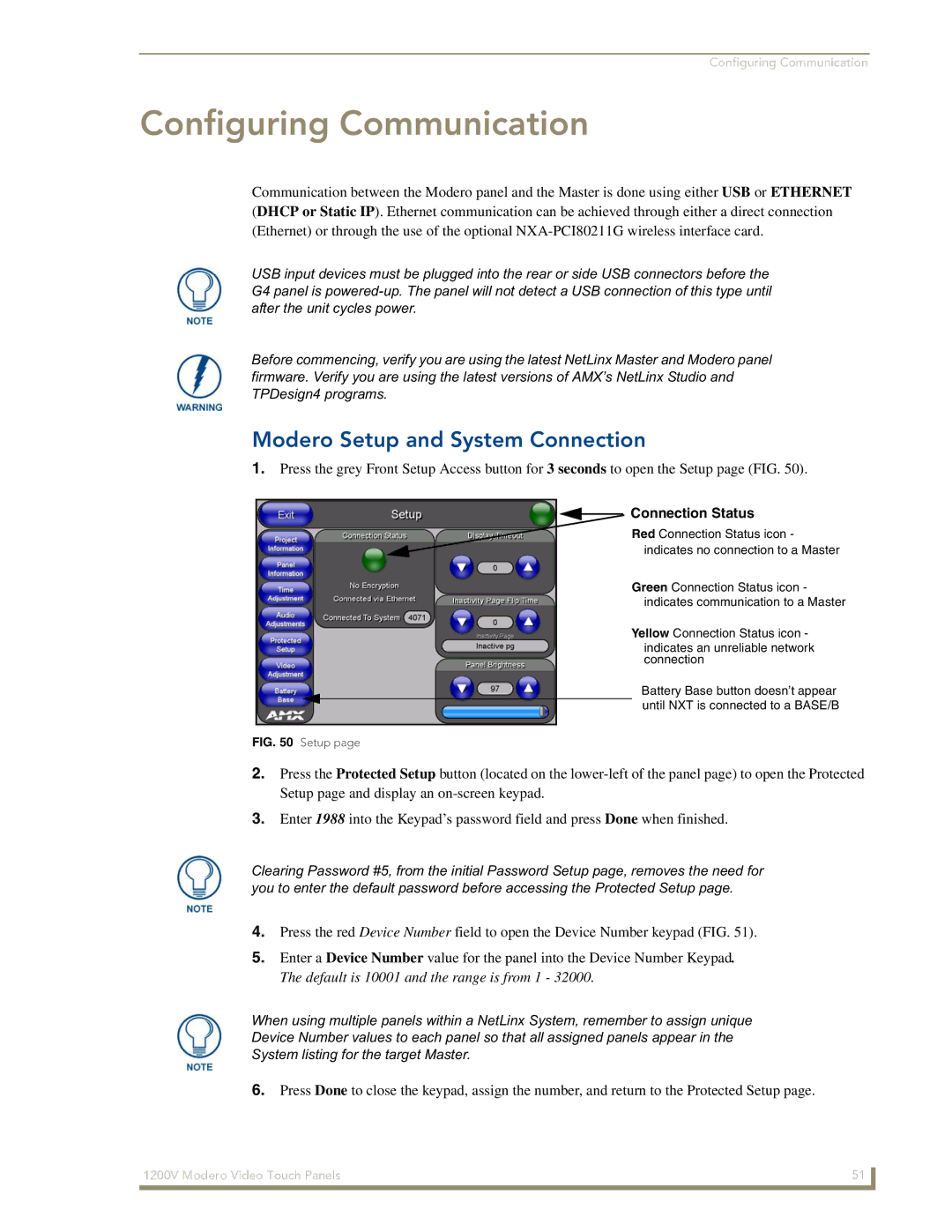 AMX NXT-1200V manual Configuring Communication, Modero Setup and System Connection 