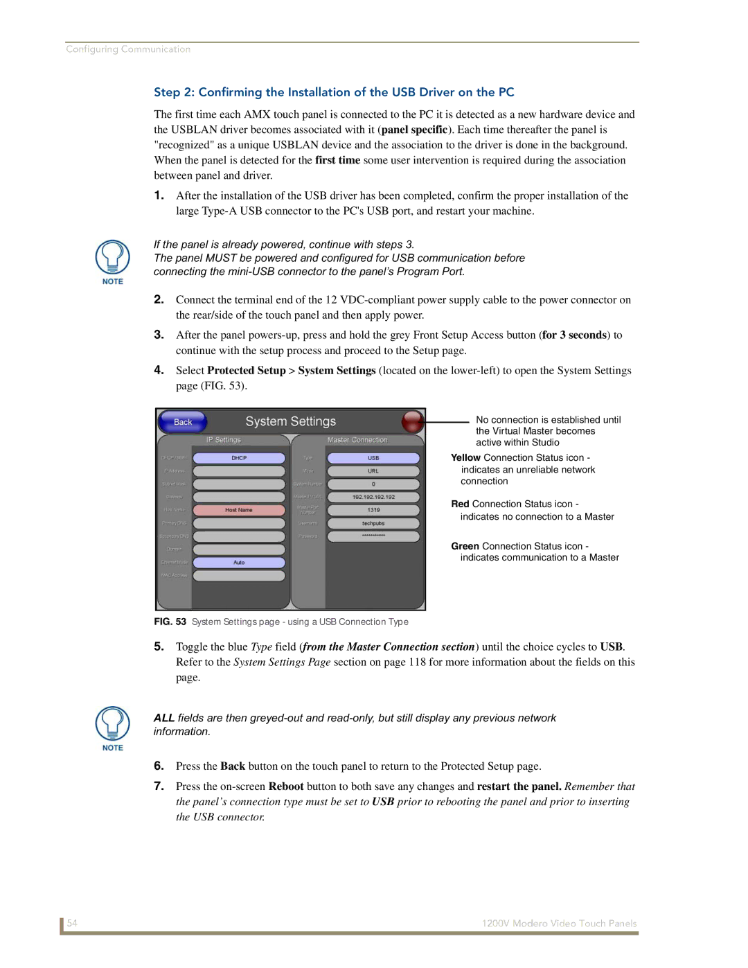 AMX NXT-1200V Confirming the Installation of the USB Driver on the PC, System Settings page using a USB Connection Type 