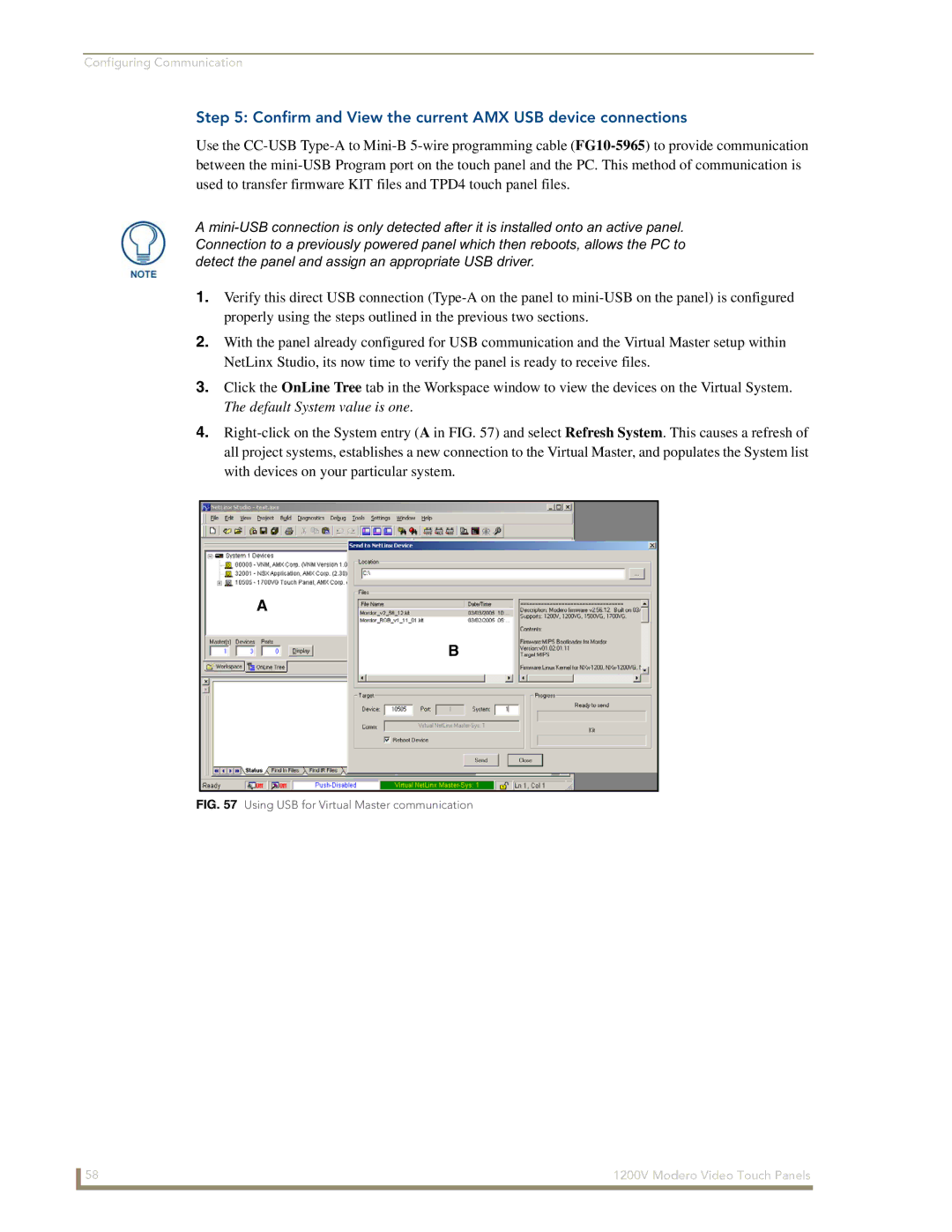 AMX NXT-1200V manual Using USB for Virtual Master communication 