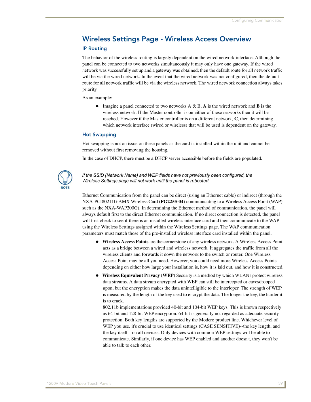 AMX NXT-1200V manual Wireless Settings Page Wireless Access Overview, IP Routing, Hot Swapping 