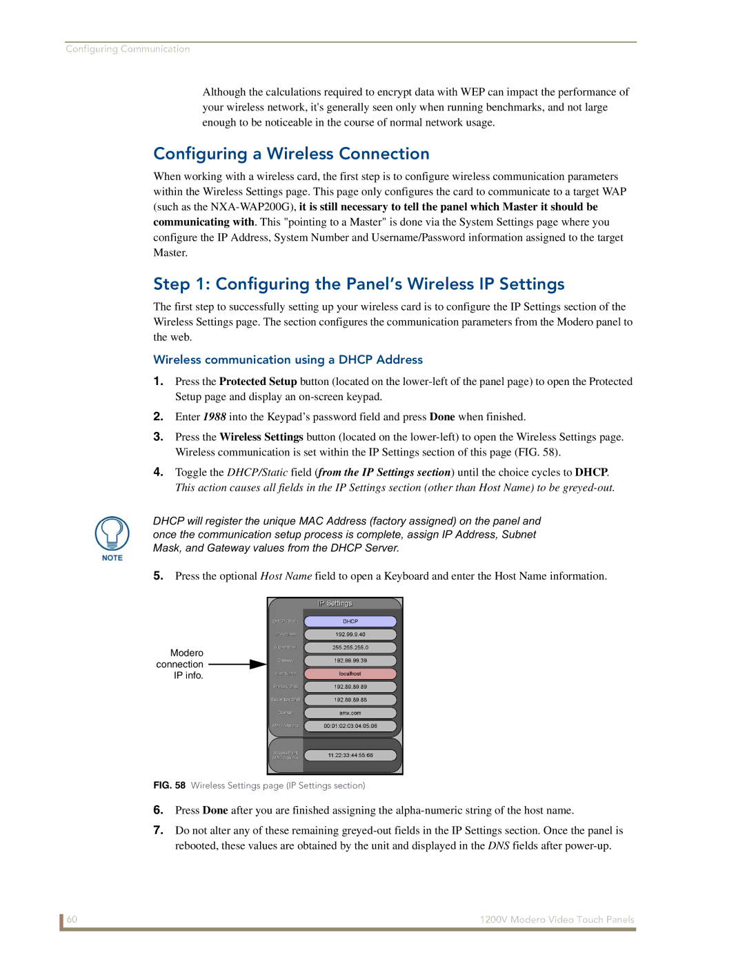 AMX NXT-1200V manual Configuring a Wireless Connection, Configuring the Panel’s Wireless IP Settings 