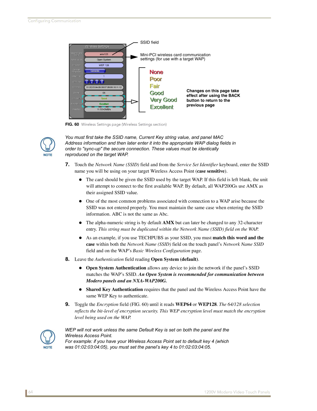 AMX NXT-1200V manual Wireless Settings page Wireless Settings section 