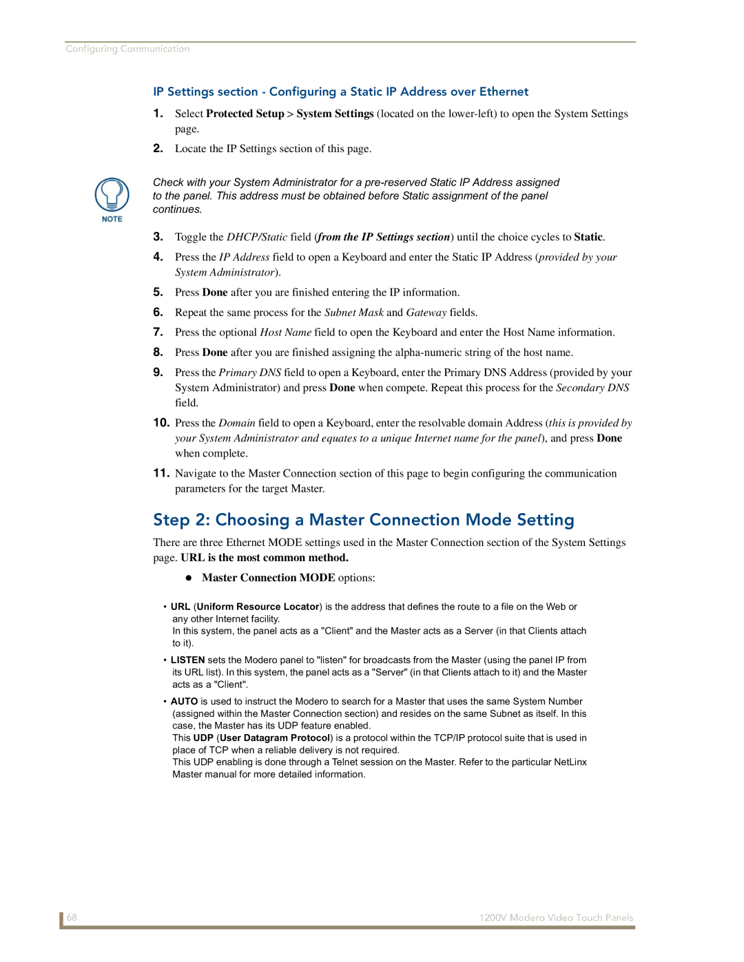 AMX NXT-1200V manual Choosing a Master Connection Mode Setting 