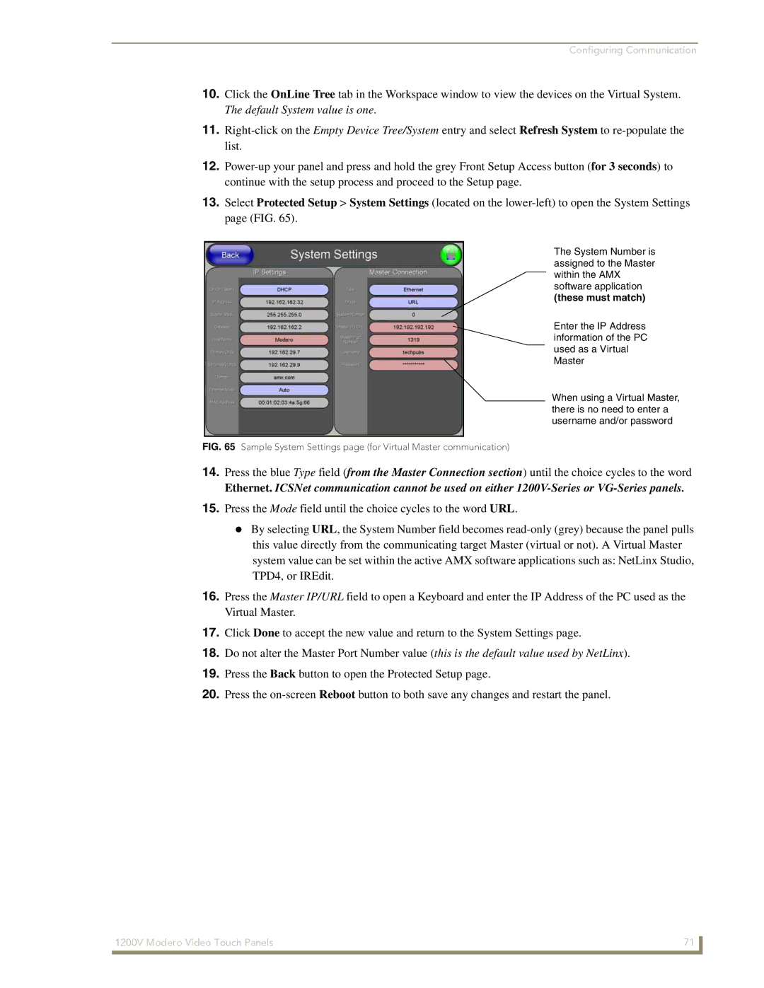 AMX NXT-1200V manual These must match, Sample System Settings page for Virtual Master communication 