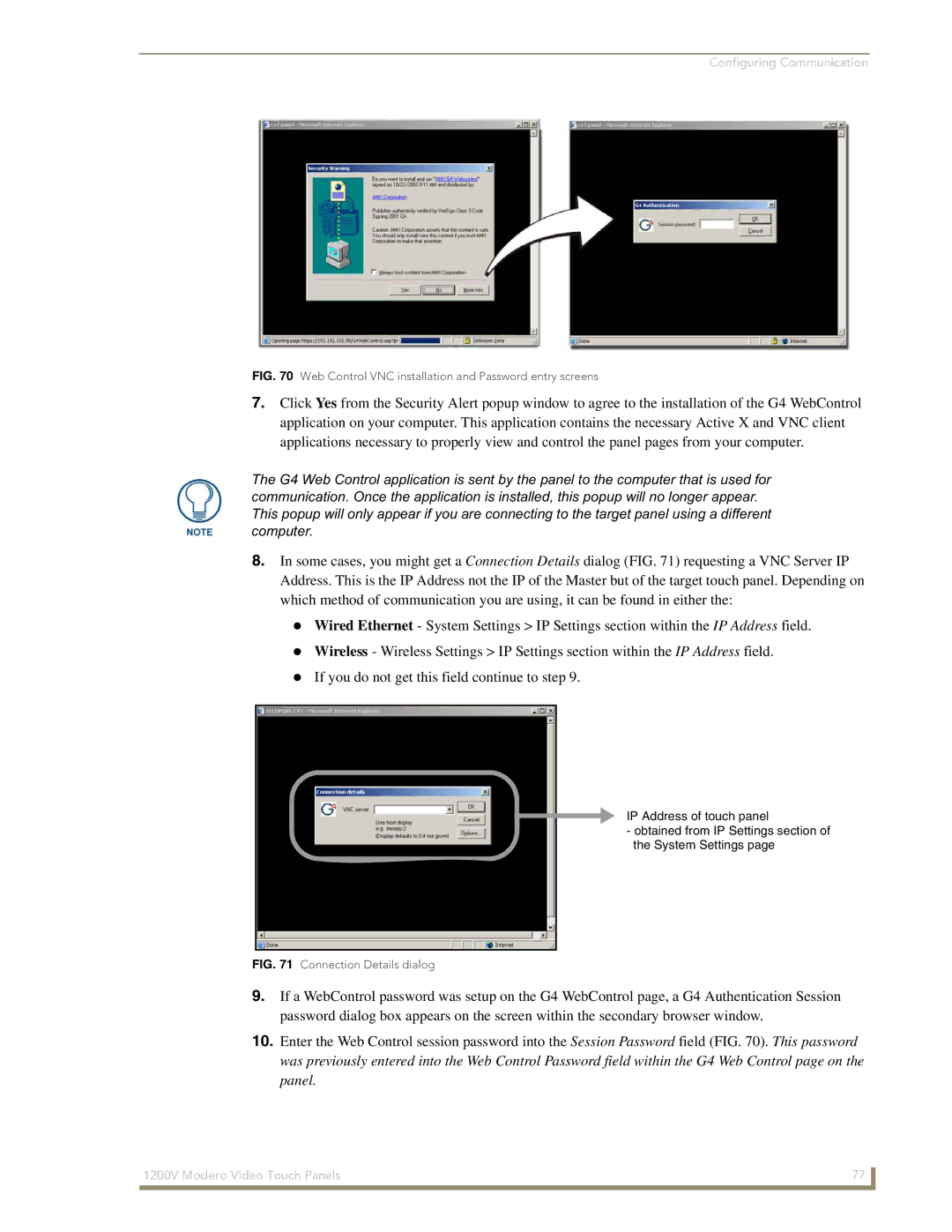 AMX NXT-1200V manual Web Control VNC installation and Password entry screens 