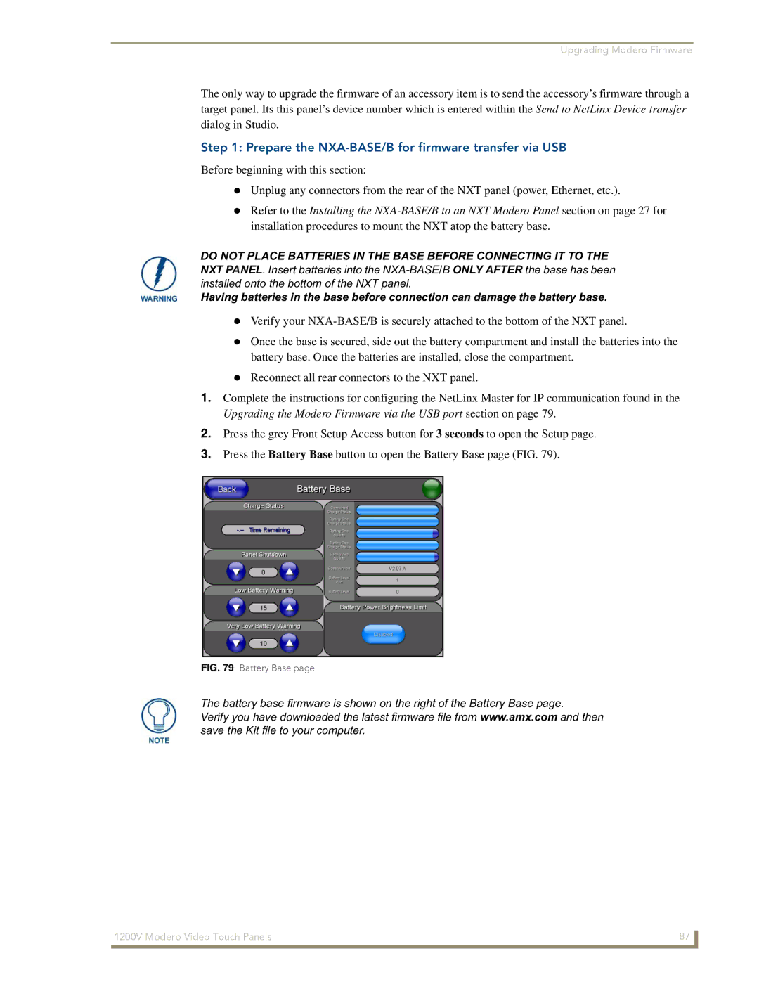 AMX NXT-1200V manual Prepare the NXA-BASE/B for firmware transfer via USB, Battery Base 