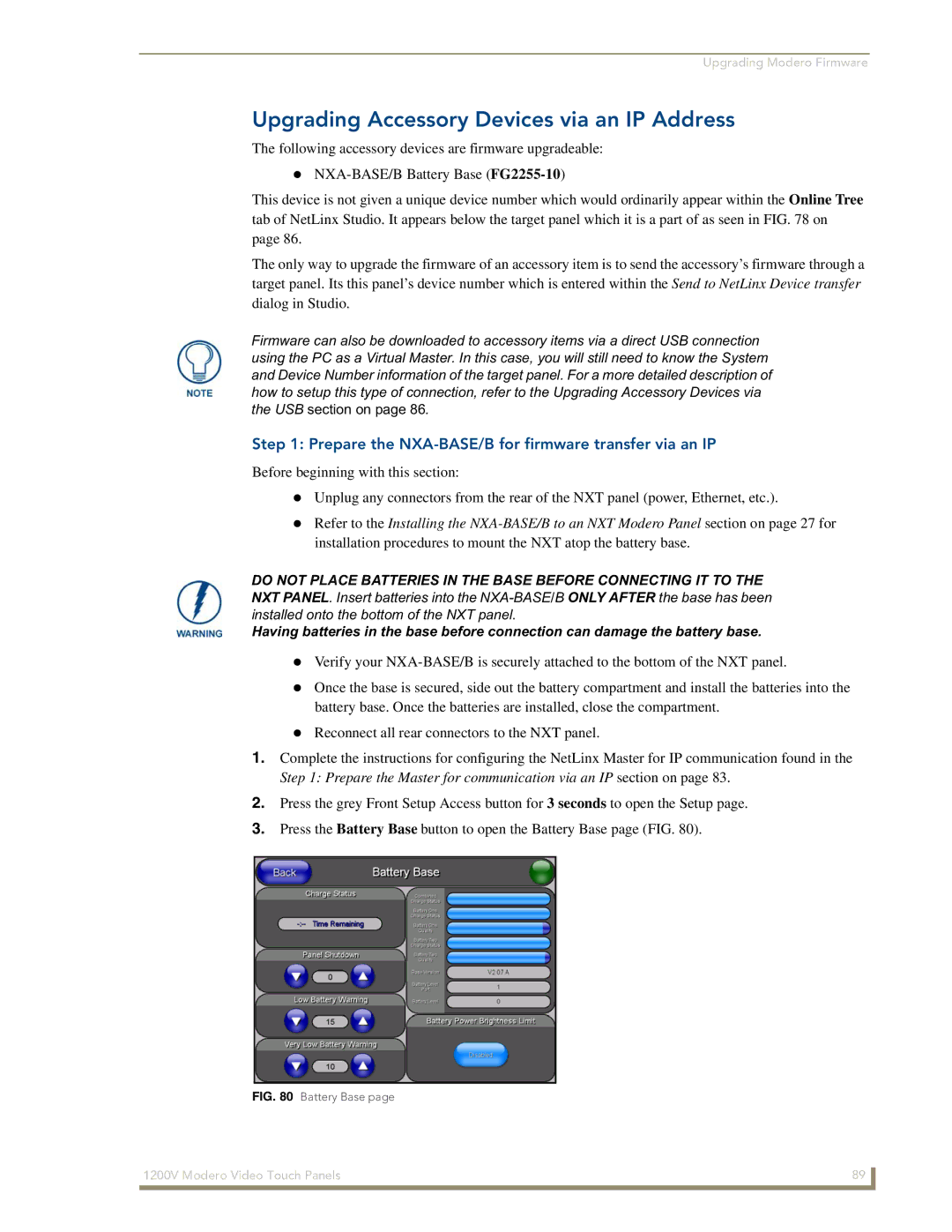 AMX NXT-1200V manual Upgrading Accessory Devices via an IP Address, Prepare the NXA-BASE/B for firmware transfer via an IP 