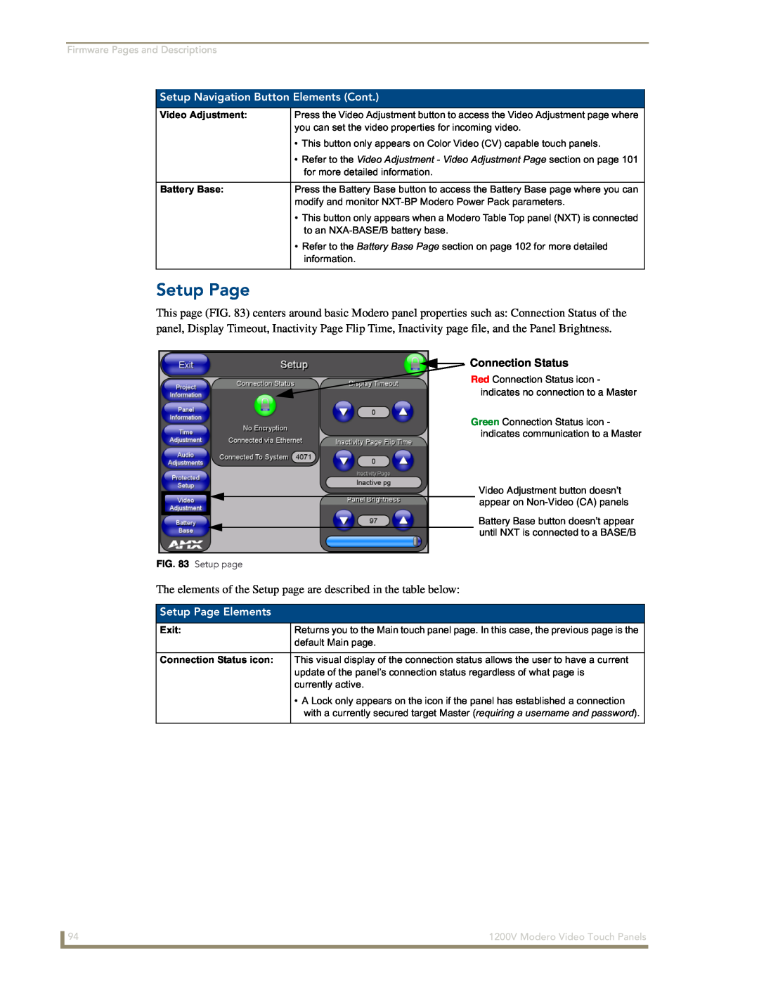 AMX NXT-1200V manual Setup Navigation Button Elements Cont, Connection Status, Setup Page Elements 