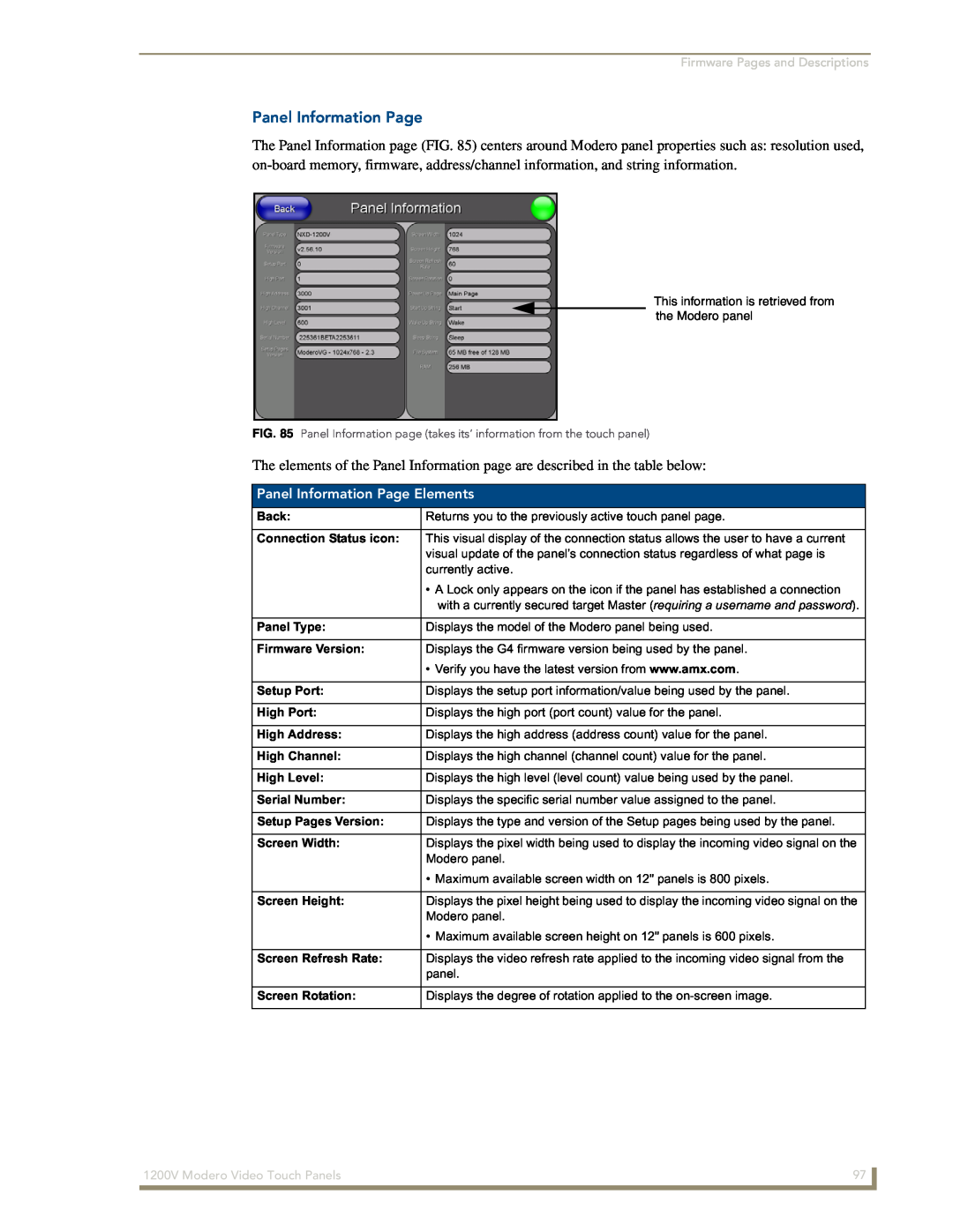 AMX NXT-1200V manual Panel Information Page Elements 