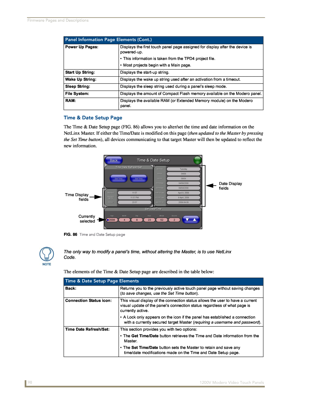 AMX NXT-1200V manual Panel Information Page Elements Cont, Time & Date Setup Page Elements 