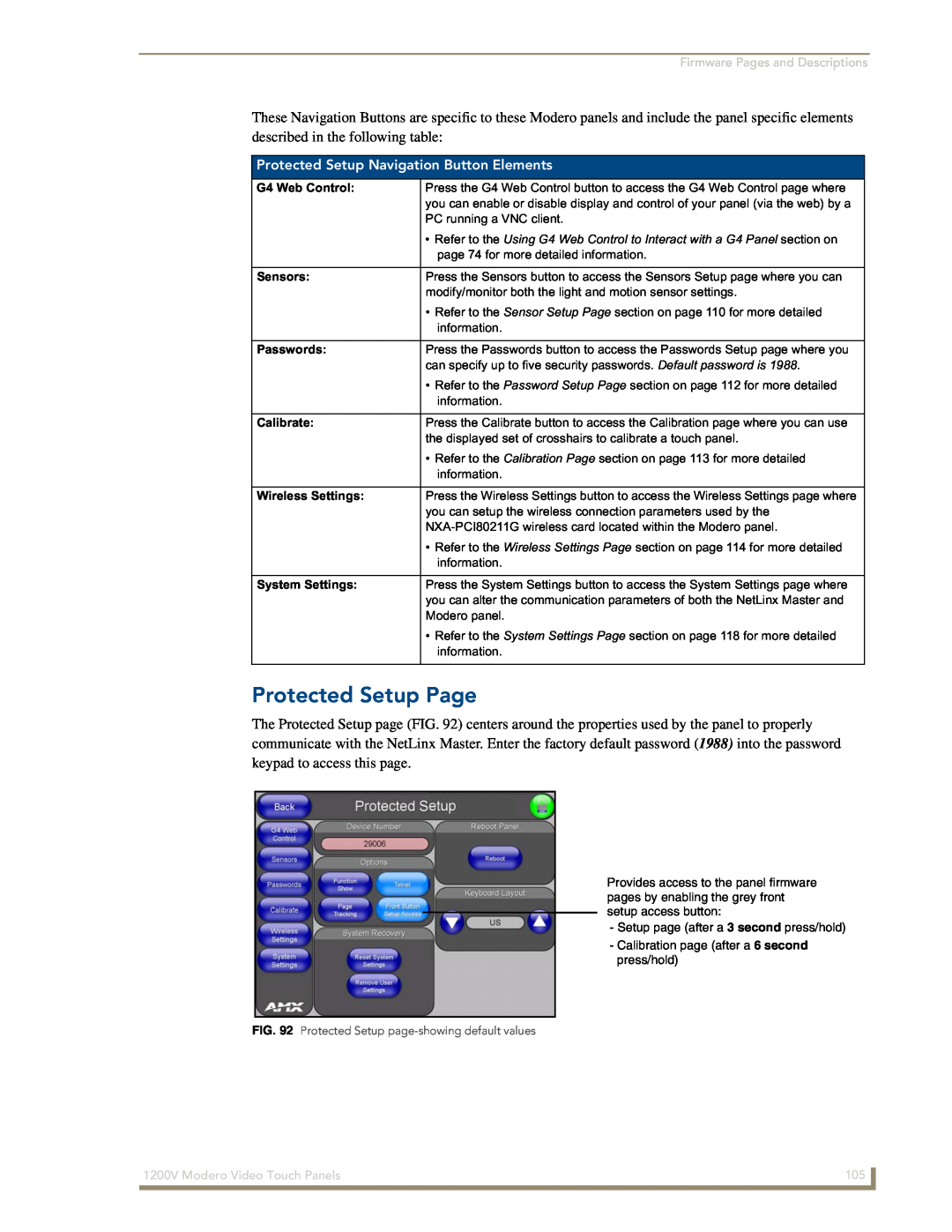 AMX NXT-1200V manual Protected Setup Page, Protected Setup Navigation Button Elements 