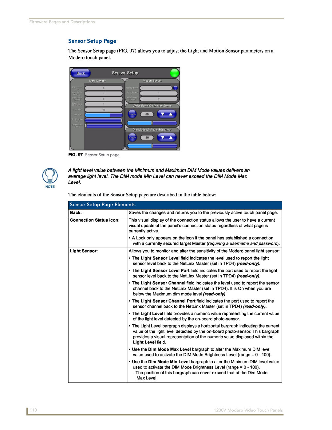 AMX NXT-1200V manual Sensor Setup Page Elements, Firmware Pages and Descriptions, 1200V Modero Video Touch Panels 