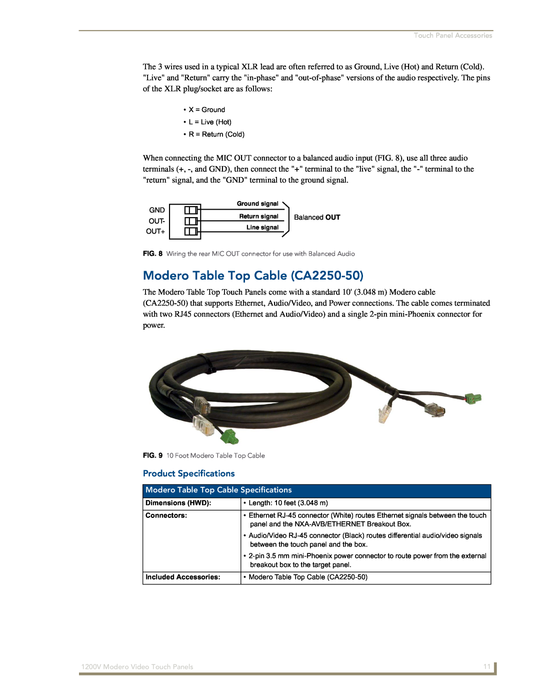 AMX NXT-1200V manual Modero Table Top Cable CA2250-50, Product Specifications, Modero Table Top Cable Specifications 