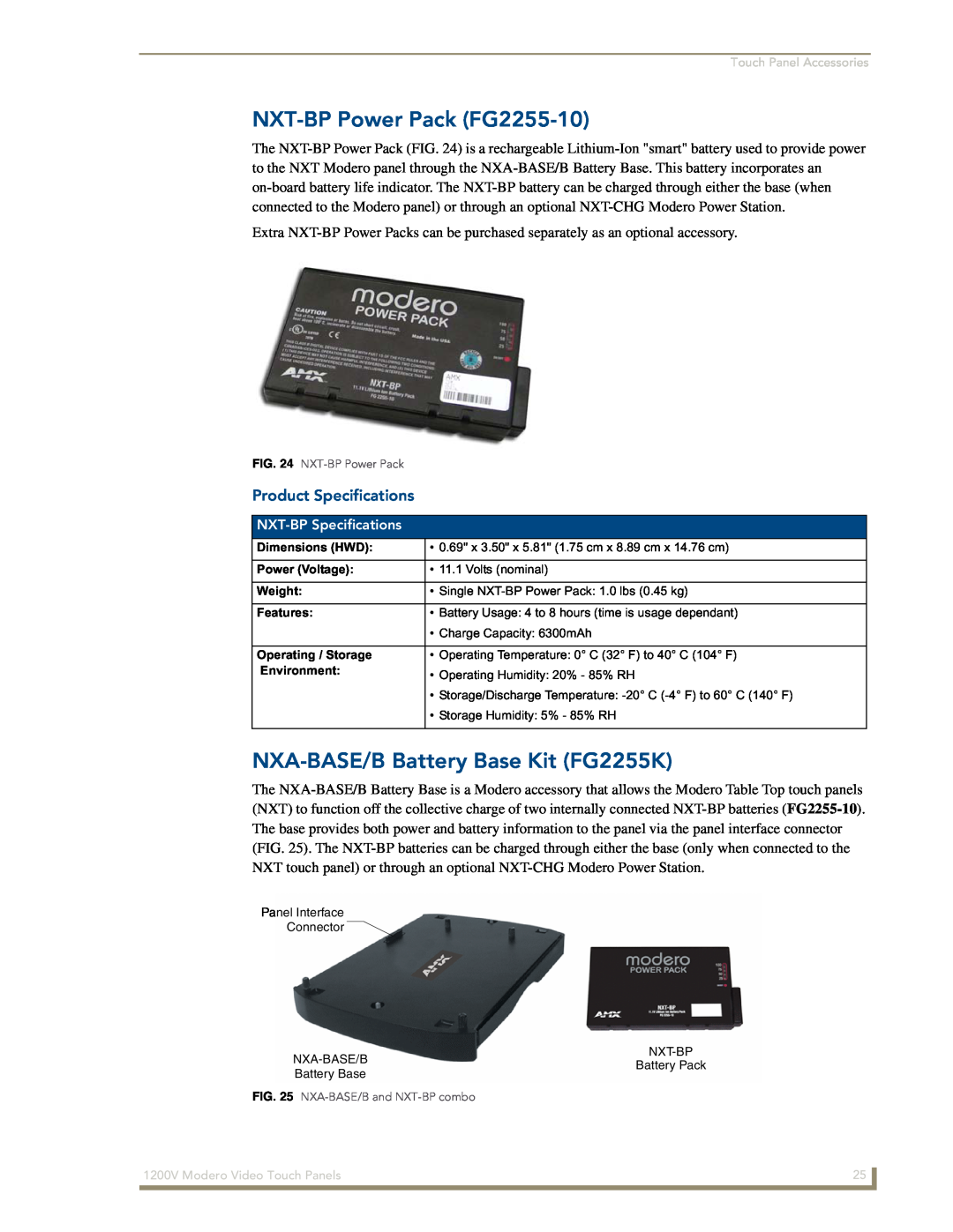 AMX NXT-1200V manual NXT-BP Power Pack FG2255-10, NXA-BASE/B Battery Base Kit FG2255K, Product Specifications 