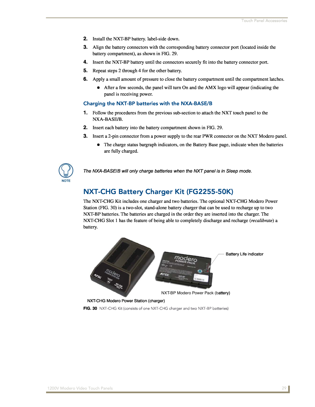 AMX NXT-1200V manual NXT-CHG Battery Charger Kit FG2255-50K, Charging the NXT-BP batteries with the NXA-BASE/B 