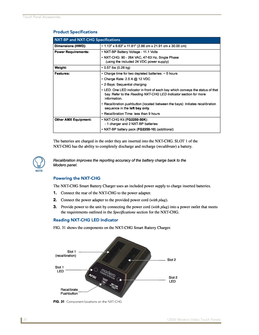 AMX NXT-1200V manual Product Specifications, Powering the NXT-CHG, Connect the rear of the NXT-CHG to the power adapter 