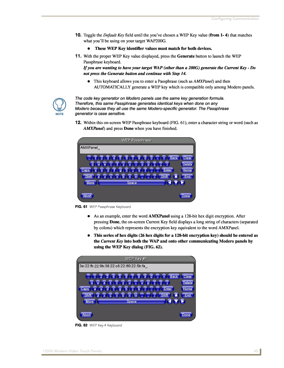 AMX NXT-1200V These WEP Key identifier values must match for both devices, WEP Passphrase Keyboard, WEP Key # Keyboard 