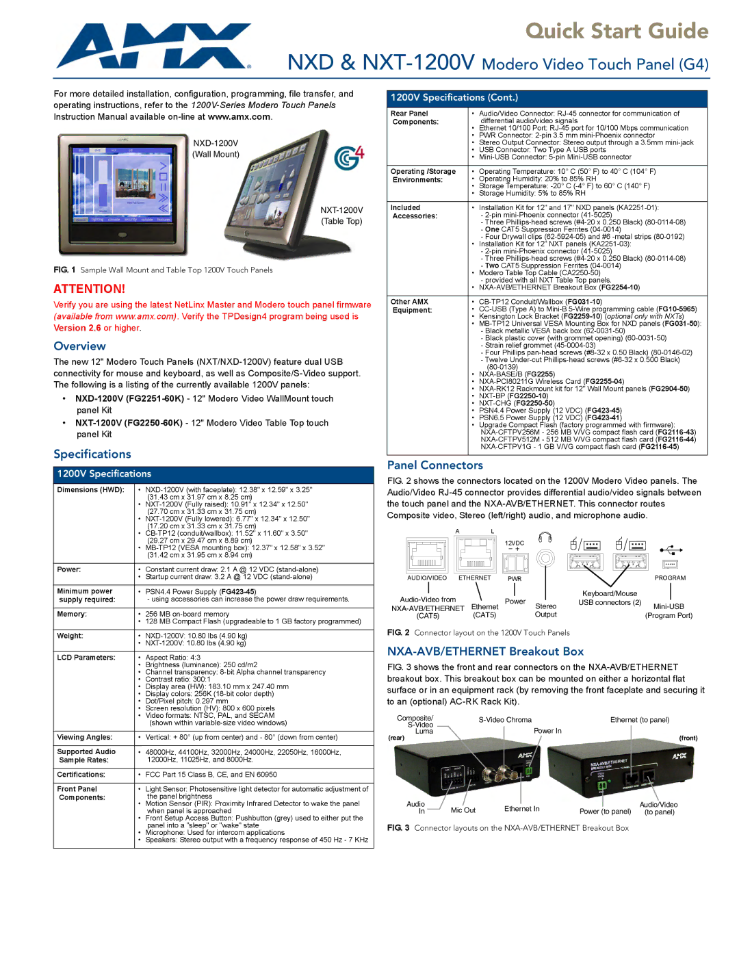 AMX NXT/NXD-1200V quick start Overview, Specifications, Panel Connectors, NXA-AVB/ETHERNET Breakout Box 