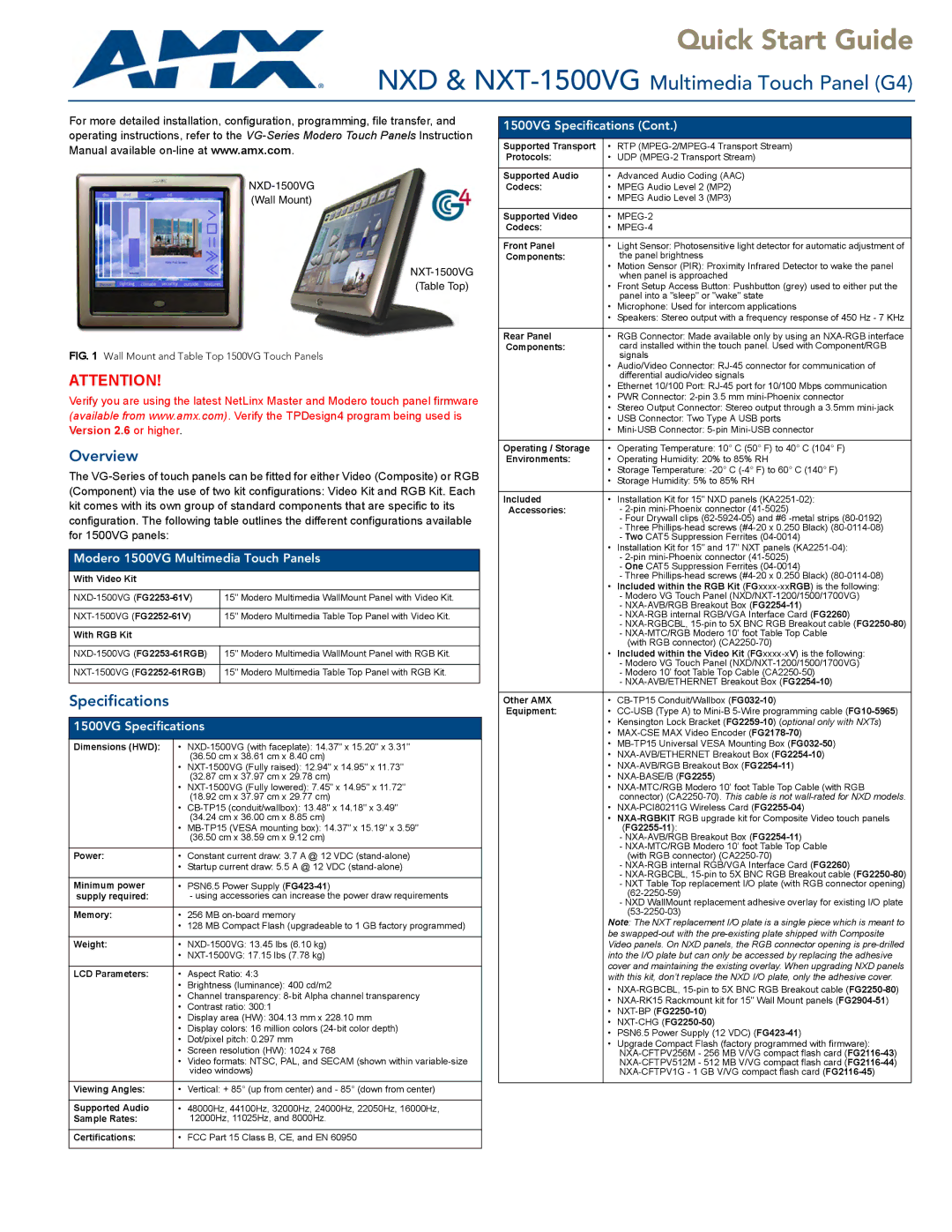 AMX NXT/NXD-1500VG quick start Overview, Specifications 