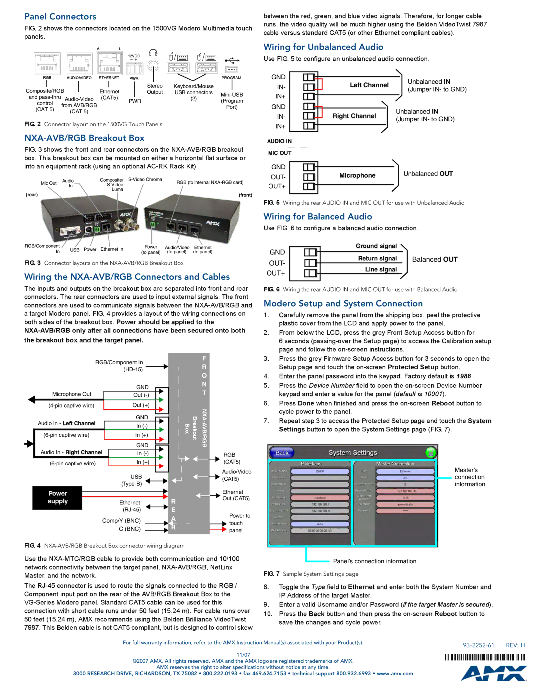 AMX NXT/NXD-1500VG quick start Panel Connectors, NXA-AVB/RGB Breakout Box, Wiring the NXA-AVB/RGB Connectors and Cables 