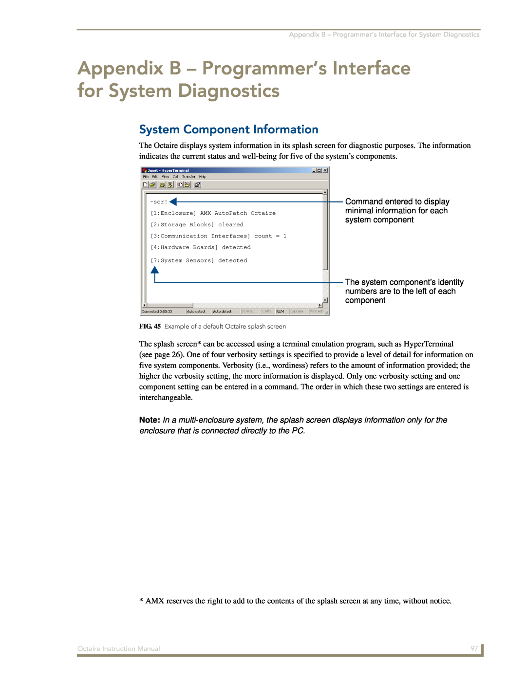 AMX Octaire instruction manual Appendix B - Programmer’s Interface for System Diagnostics, System Component Information 
