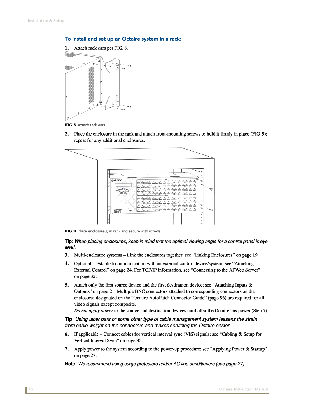 AMX instruction manual To install and set up an Octaire system in a rack, Attach rack ears per FIG 