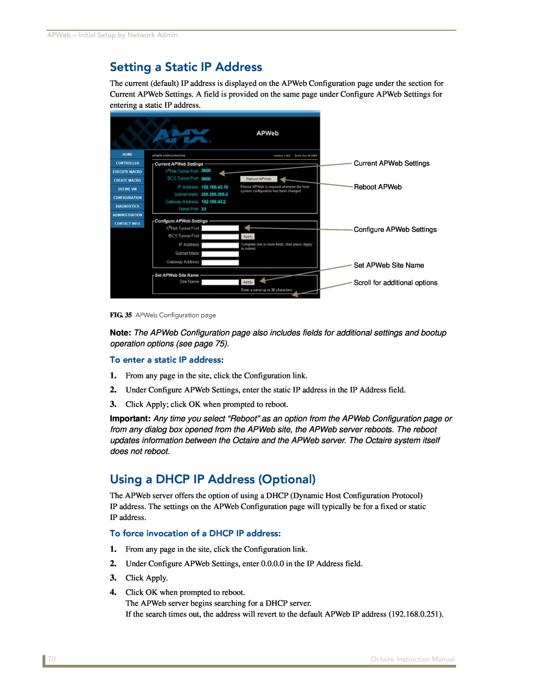 AMX Octaire instruction manual Setting a Static IP Address, Using a DHCP IP Address Optional, To enter a static IP address 