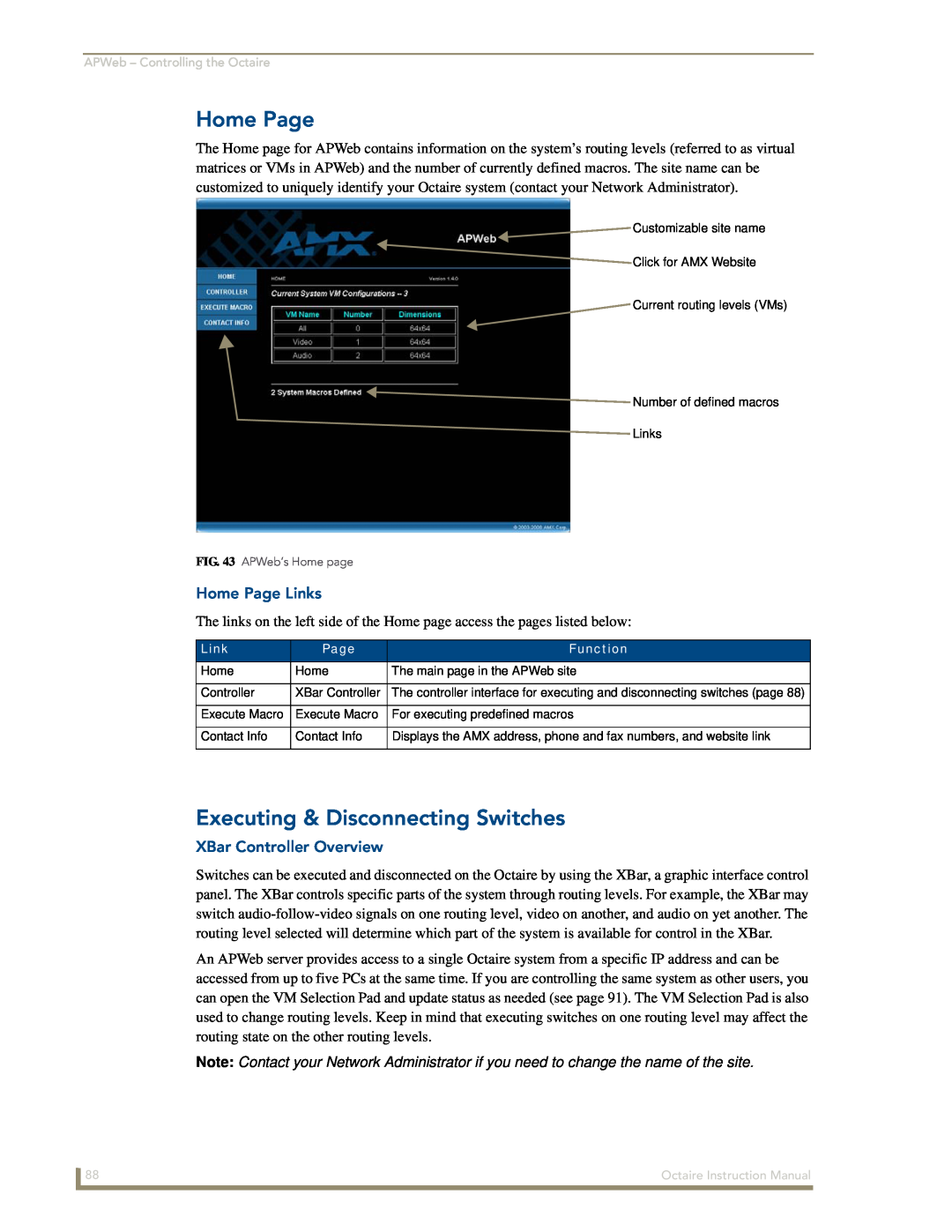 AMX Octaire Home Page Links, XBar Controller Overview, Executing & Disconnecting Switches, APWeb’s Home page 
