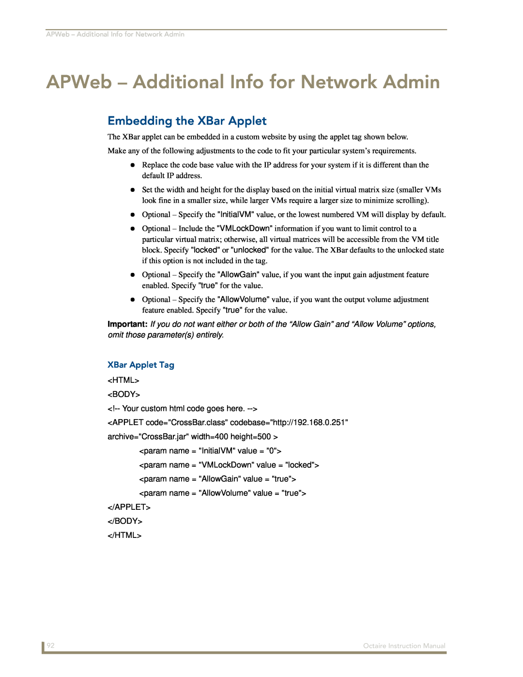 AMX Octaire instruction manual APWeb - Additional Info for Network Admin, Embedding the XBar Applet, XBar Applet Tag 