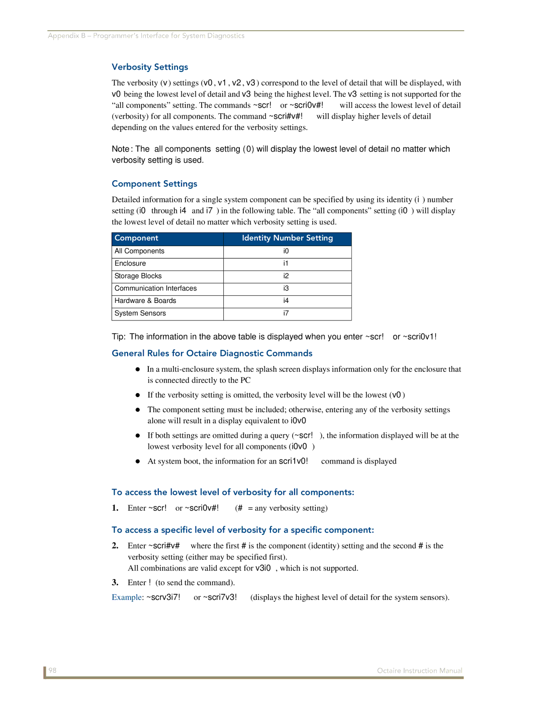 AMX instruction manual Verbosity Settings, Component Settings, General Rules for Octaire Diagnostic Commands 