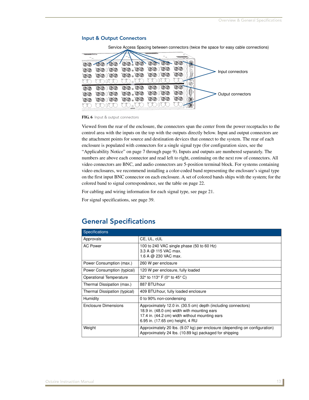 AMX Octaire instruction manual General Specifications, Input & Output Connectors 