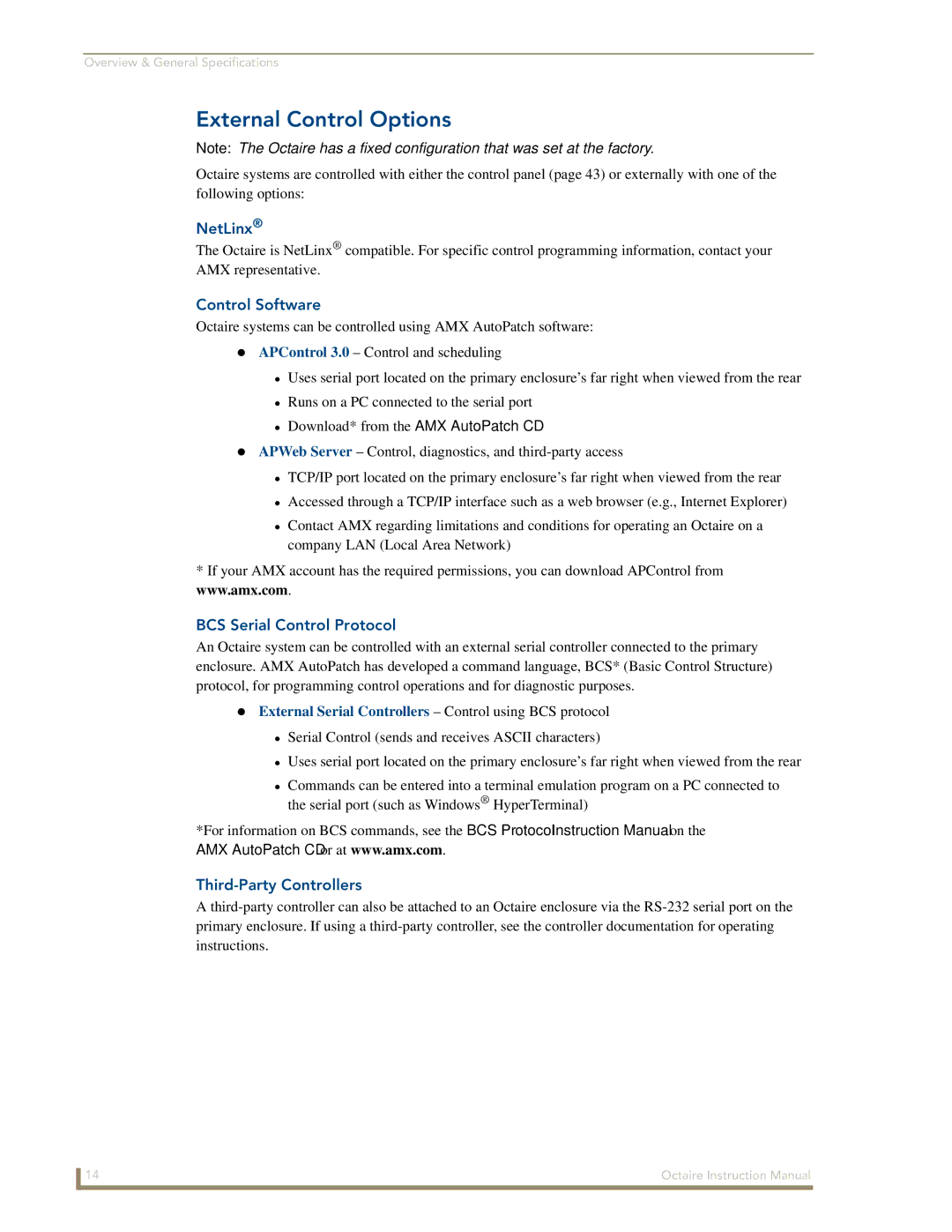 AMX Octaire External Control Options, NetLinx, Control Software, BCS Serial Control Protocol, Third-Party Controllers 