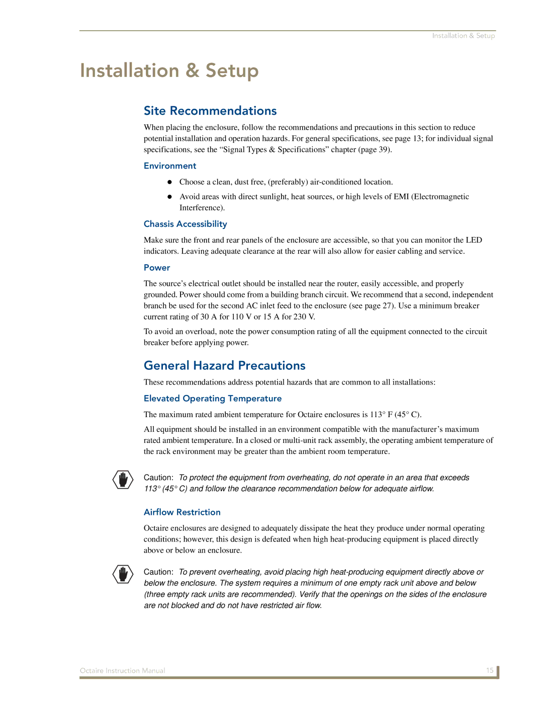 AMX Octaire instruction manual Installation & Setup, Site Recommendations, General Hazard Precautions 
