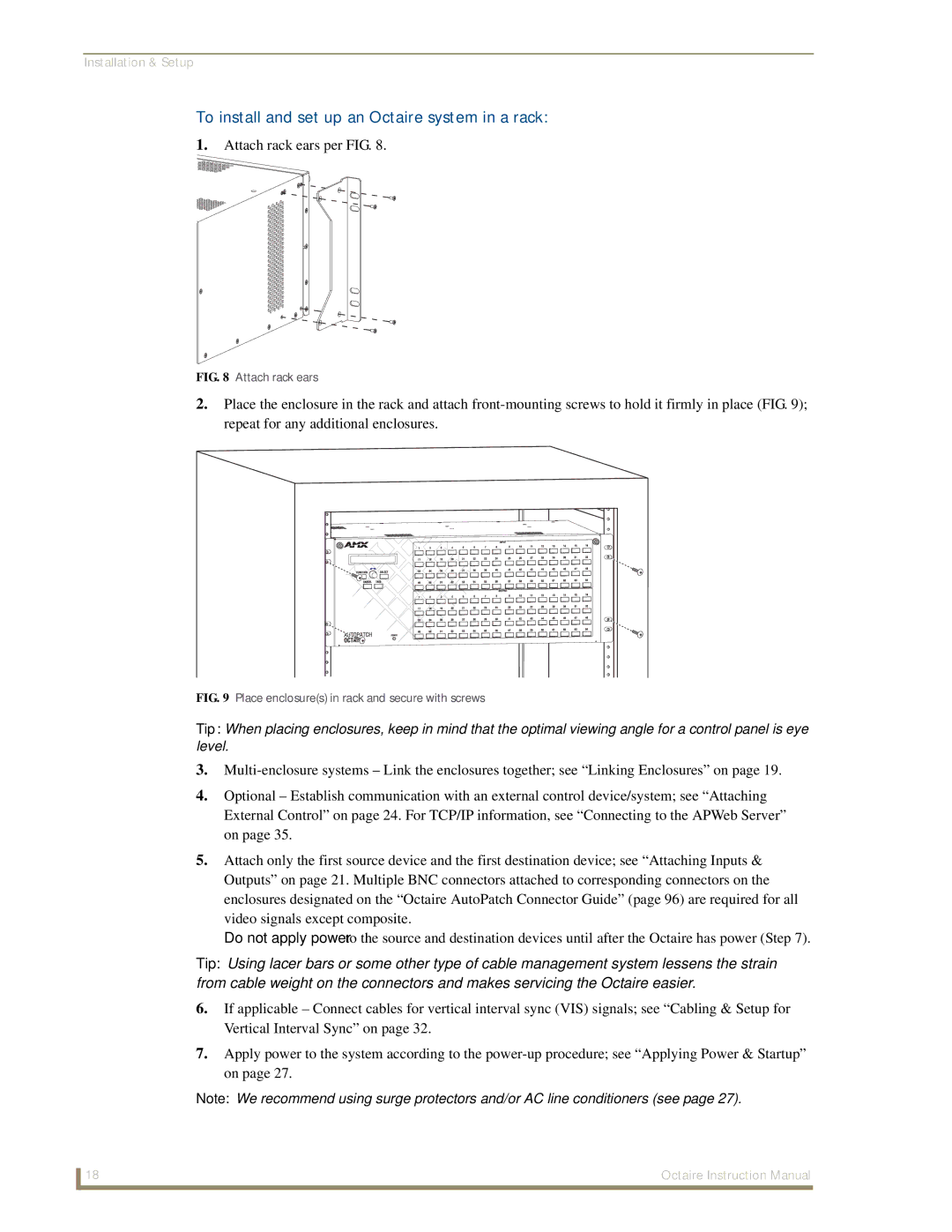 AMX instruction manual To install and set up an Octaire system in a rack, Attach rack ears 