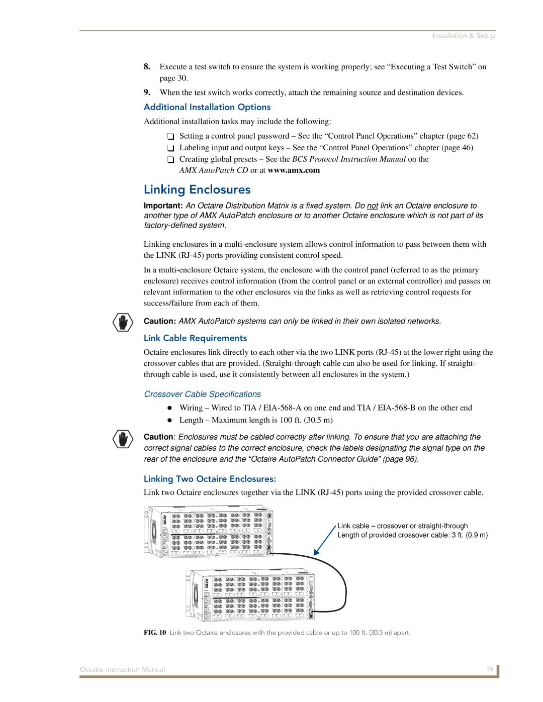 AMX Octaire Linking Enclosures, Additional Installation Options, Link Cable Requirements, Crossover Cable Specifications 