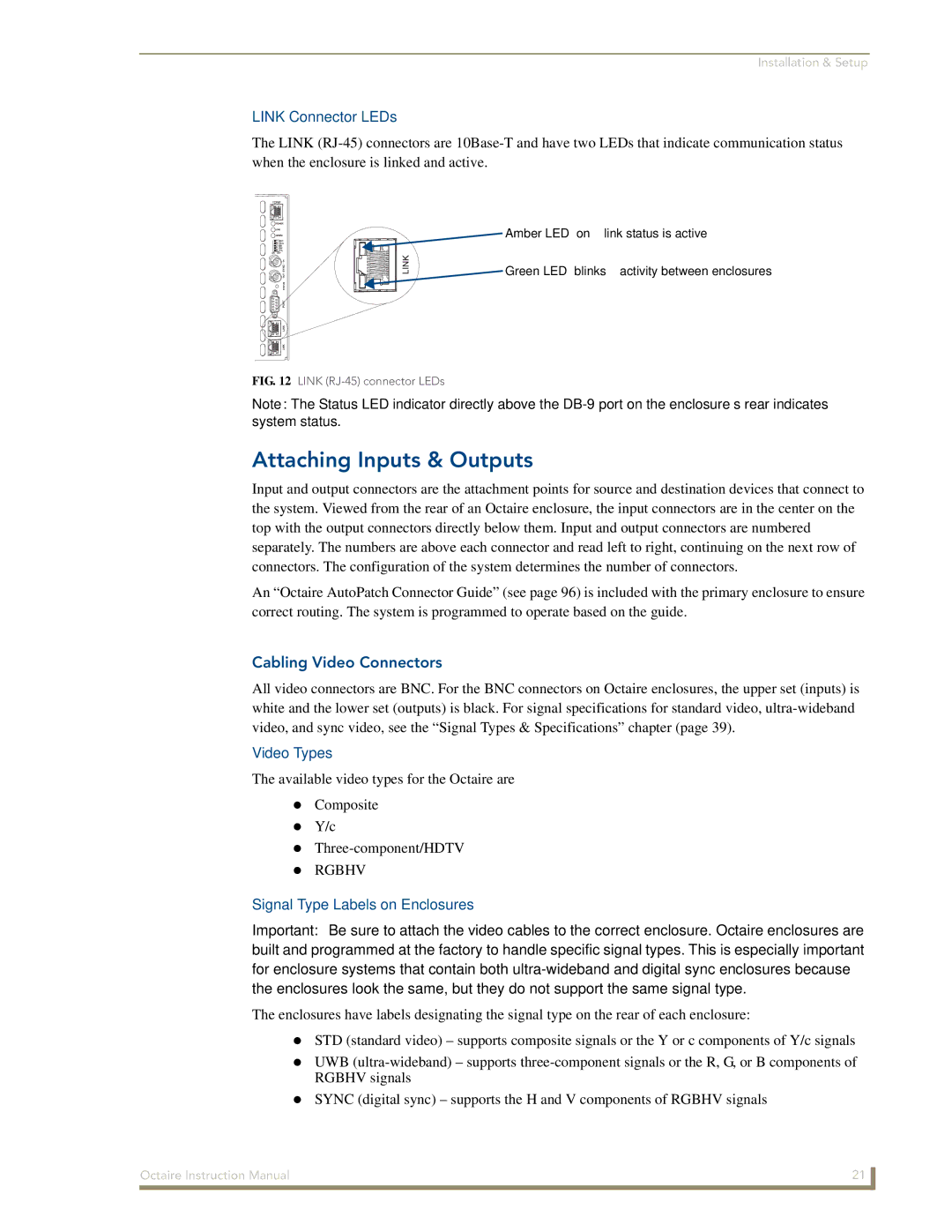 AMX Octaire instruction manual Attaching Inputs & Outputs, Link Connector LEDs, Cabling Video Connectors, Video Types 