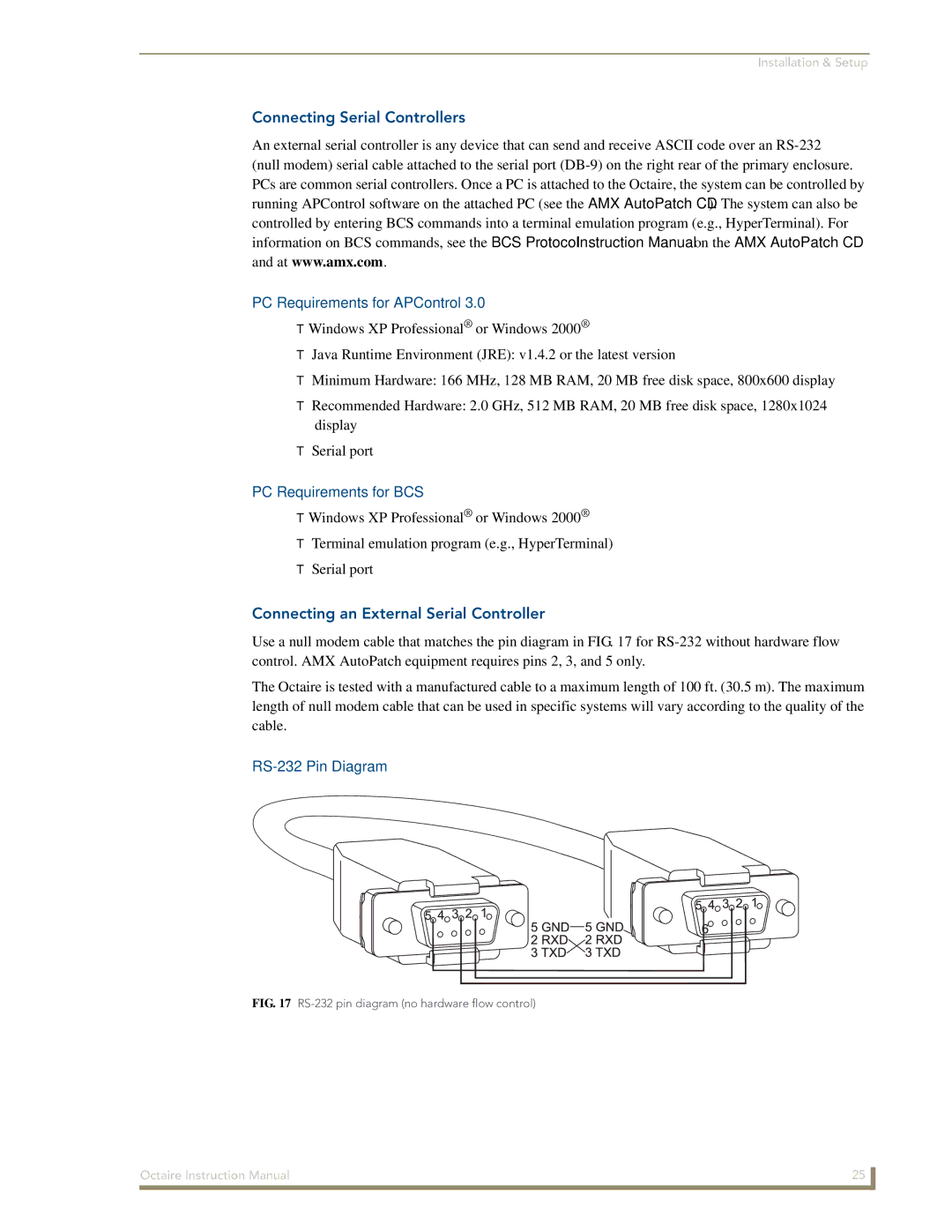 AMX Octaire Connecting Serial Controllers, PC Requirements for APControl, PC Requirements for BCS, RS-232 Pin Diagram 