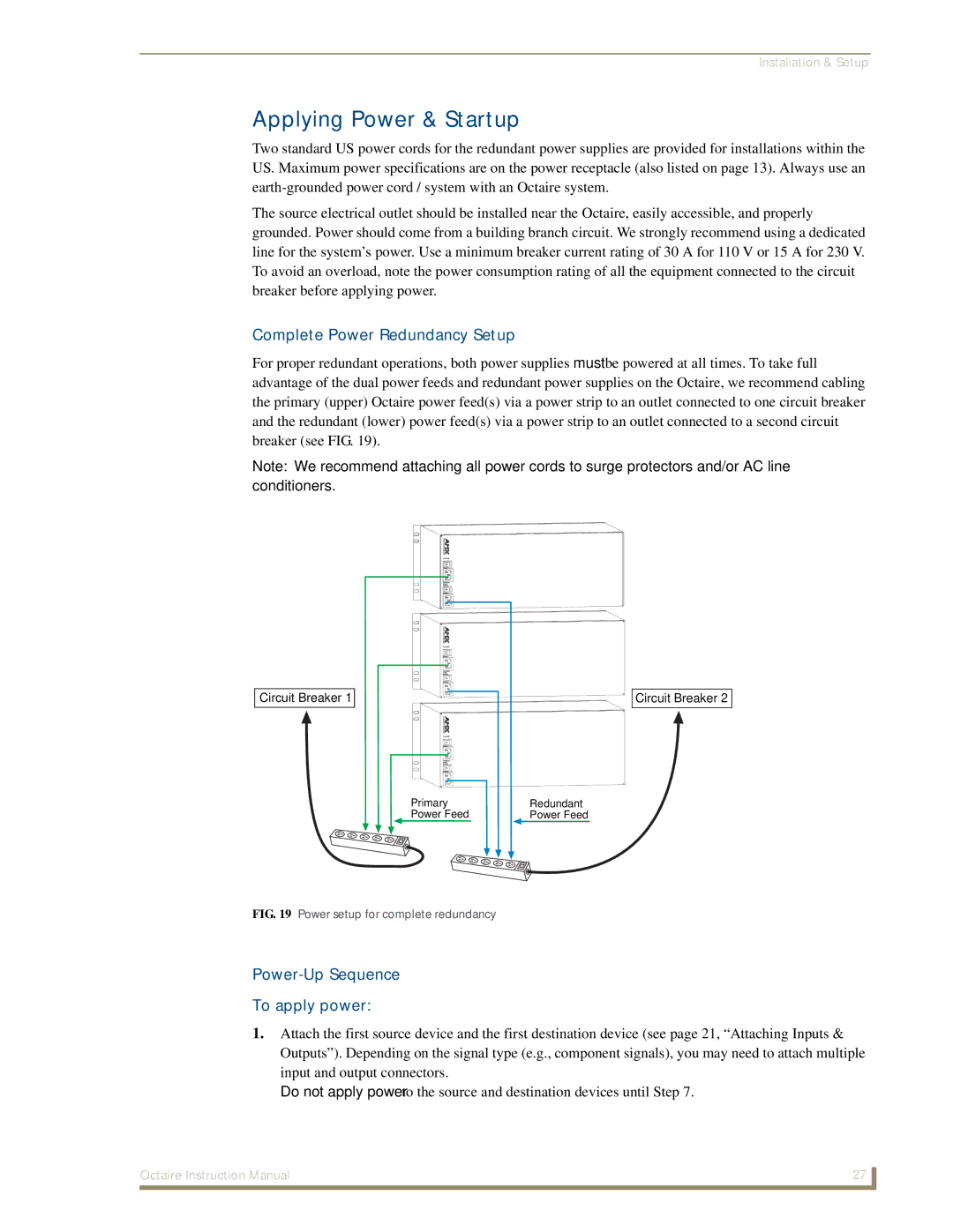 AMX Octaire instruction manual Applying Power & Startup, Complete Power Redundancy Setup, Power-Up Sequence To apply power 