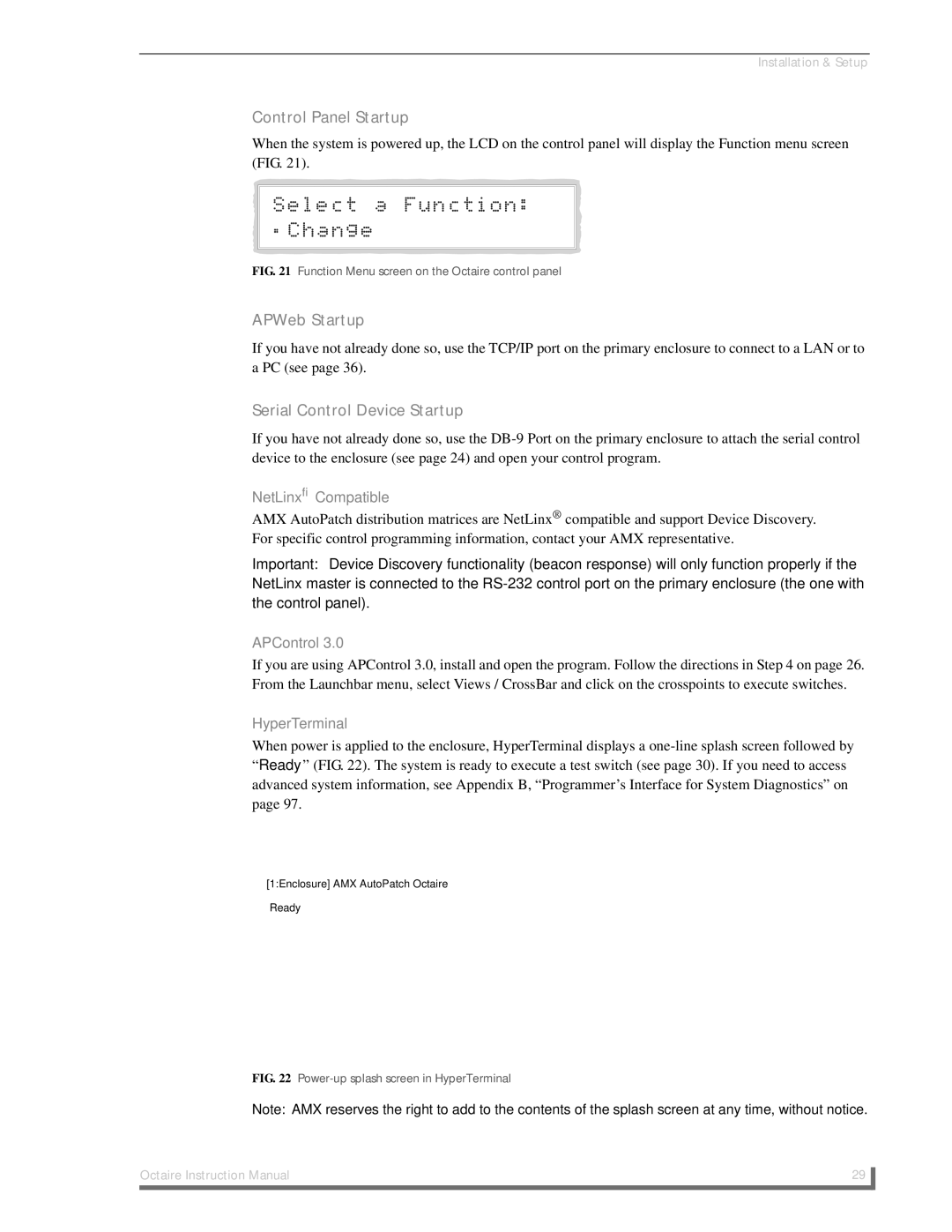 AMX Octaire Control Panel Startup, APWeb Startup, Serial Control Device Startup, NetLinx Compatible, HyperTerminal 