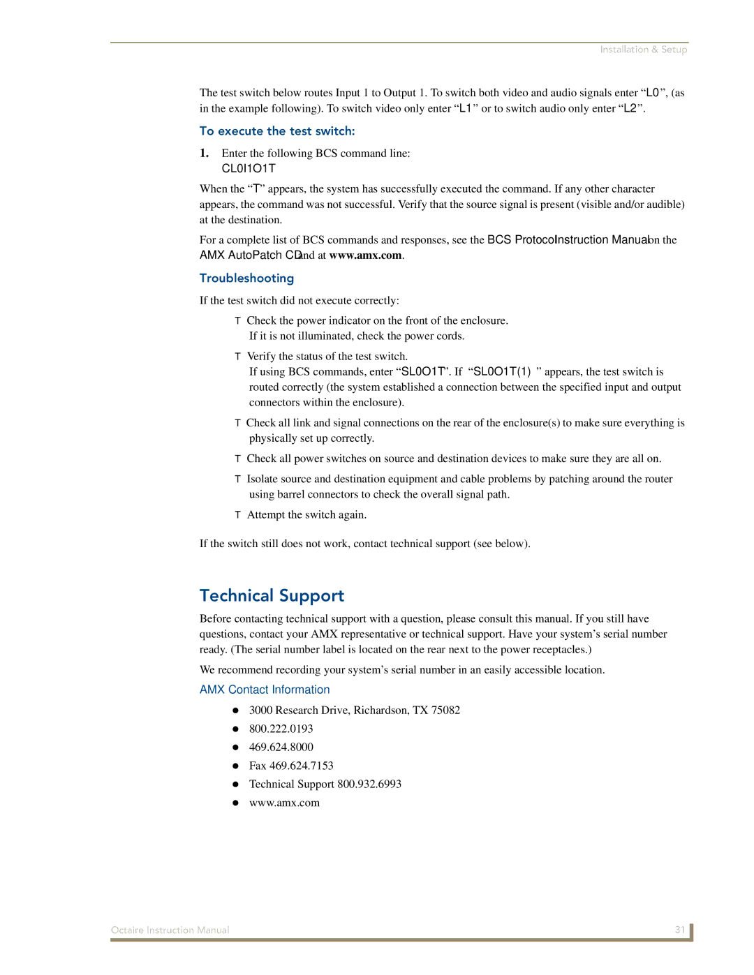 AMX Octaire instruction manual Technical Support, To execute the test switch, Troubleshooting, AMX Contact Information 