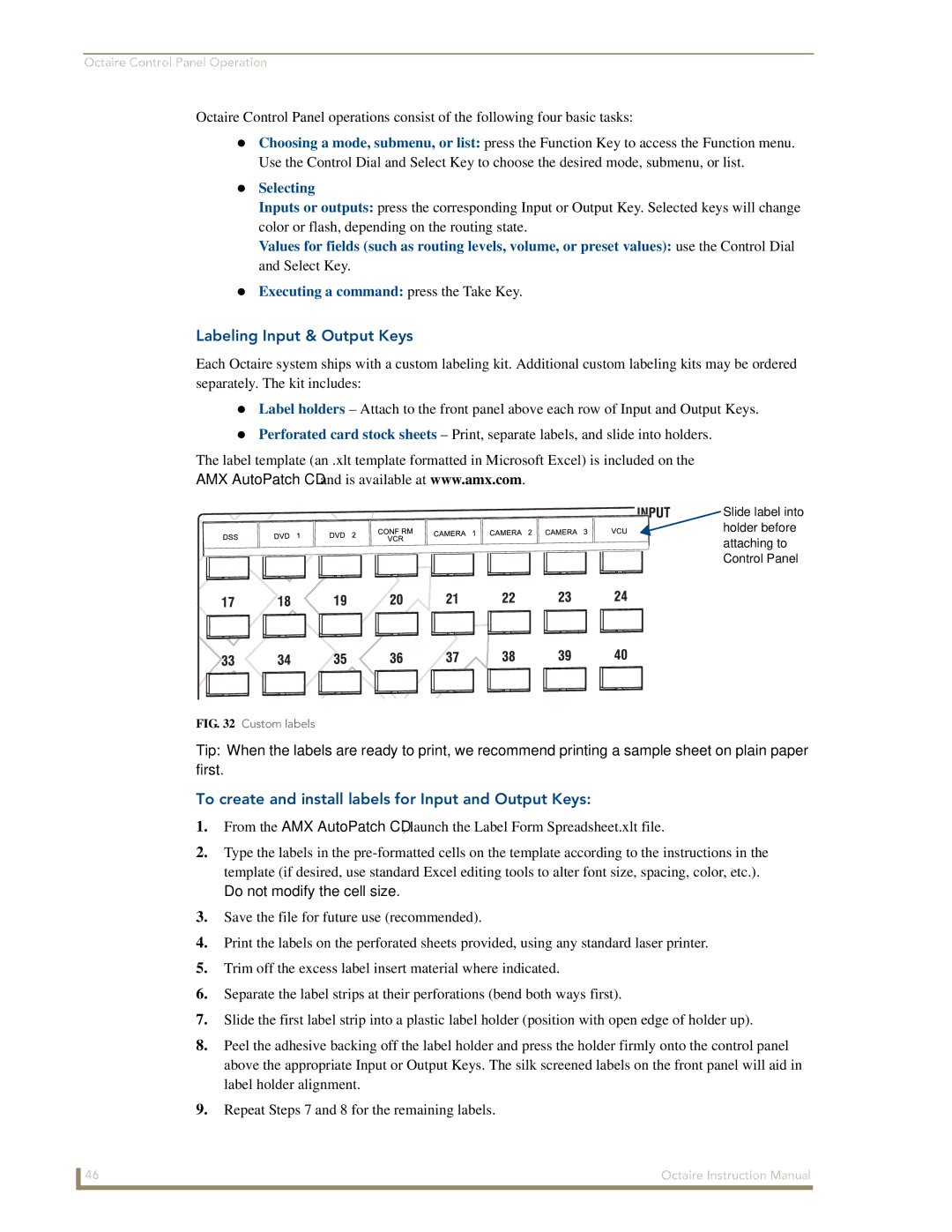 AMX Octaire instruction manual Labeling Input & Output Keys, To create and install labels for Input and Output Keys 