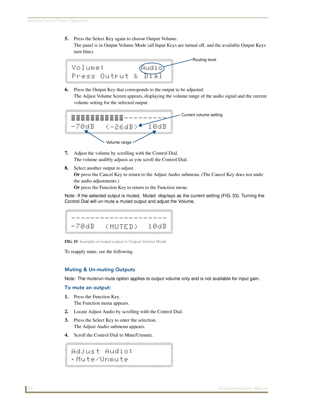 AMX Octaire instruction manual Muting & Un-muting Outputs To mute an output, Example of muted output in Output Volume Mode 